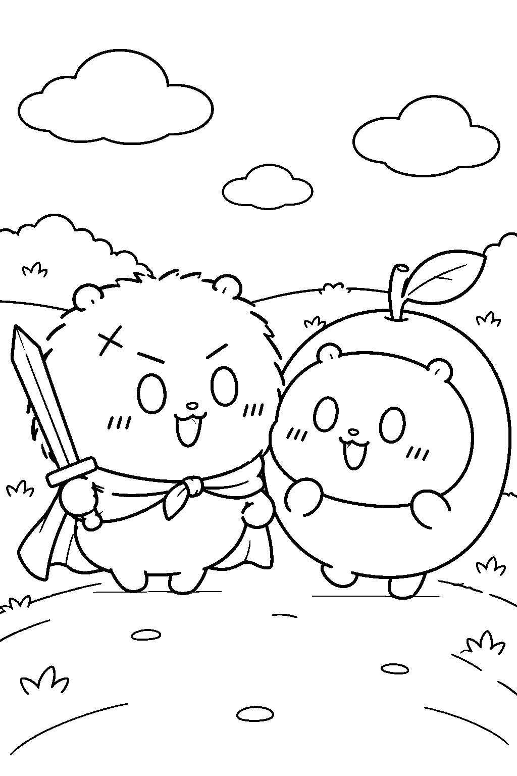 chiikawa rakko laughing with chiikawa in a fruit costume line art
