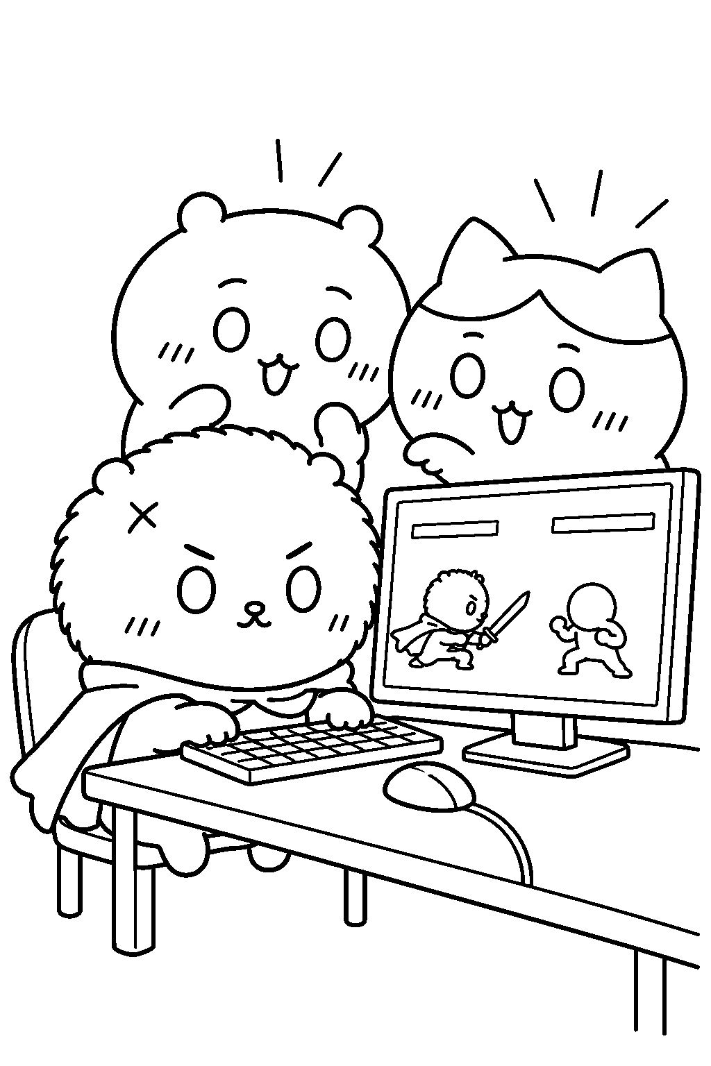 chiikawa rakko learning a computer game from chiikawa and hachiware line art