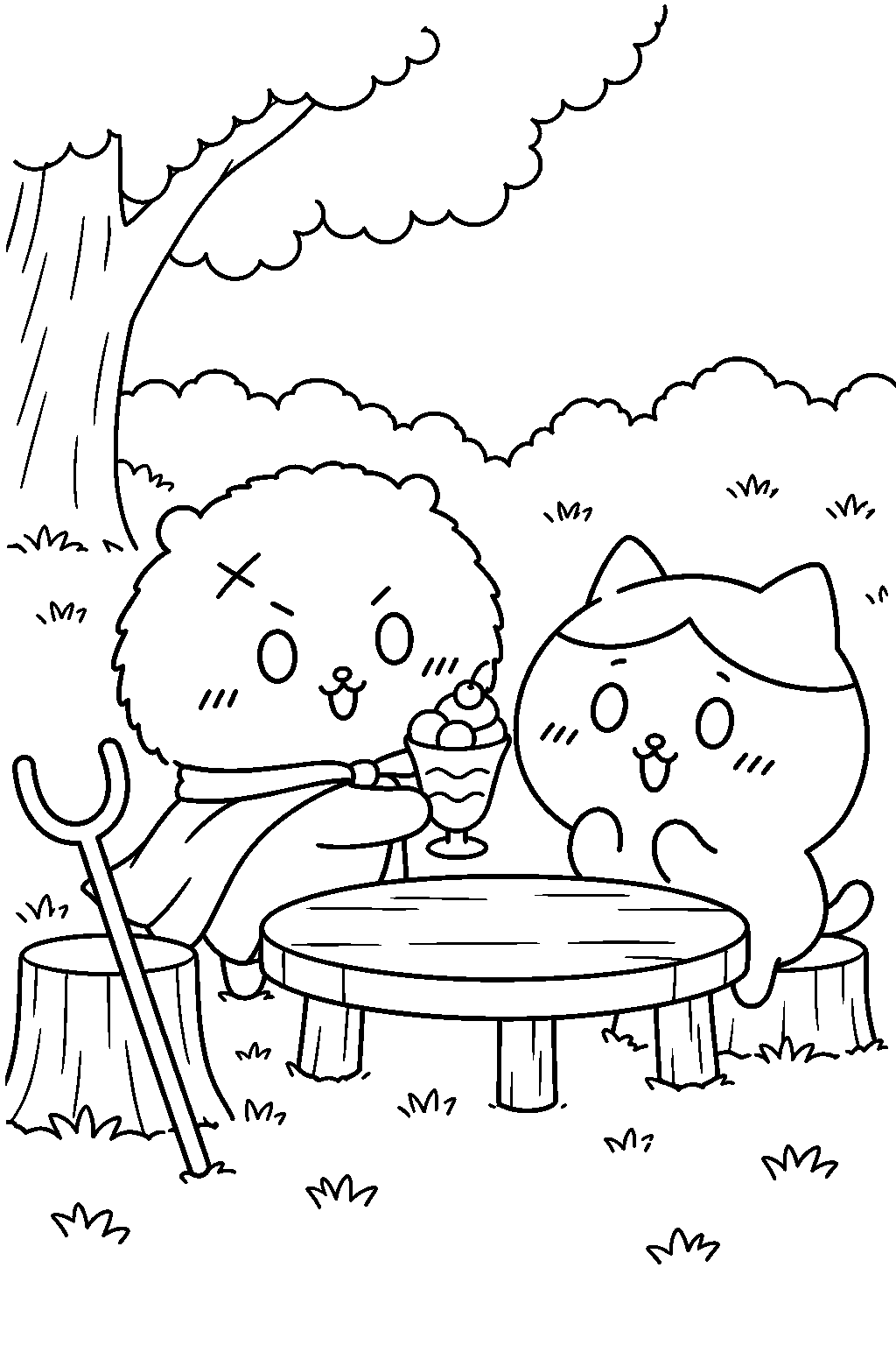 chiikawa rakko offering hachiware a parfait after training line art