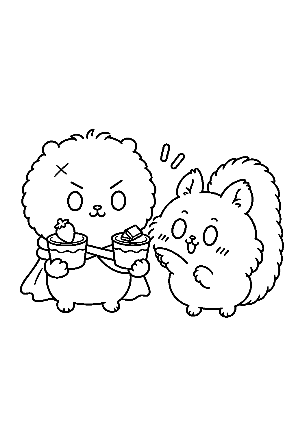chiikawa rakko offering momonga a choice of two puddings line art