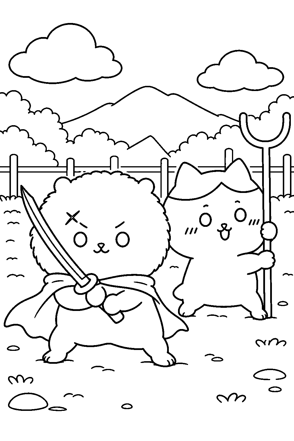 chiikawa rakko practicing swordplay beside hachiware with a sasumata line art