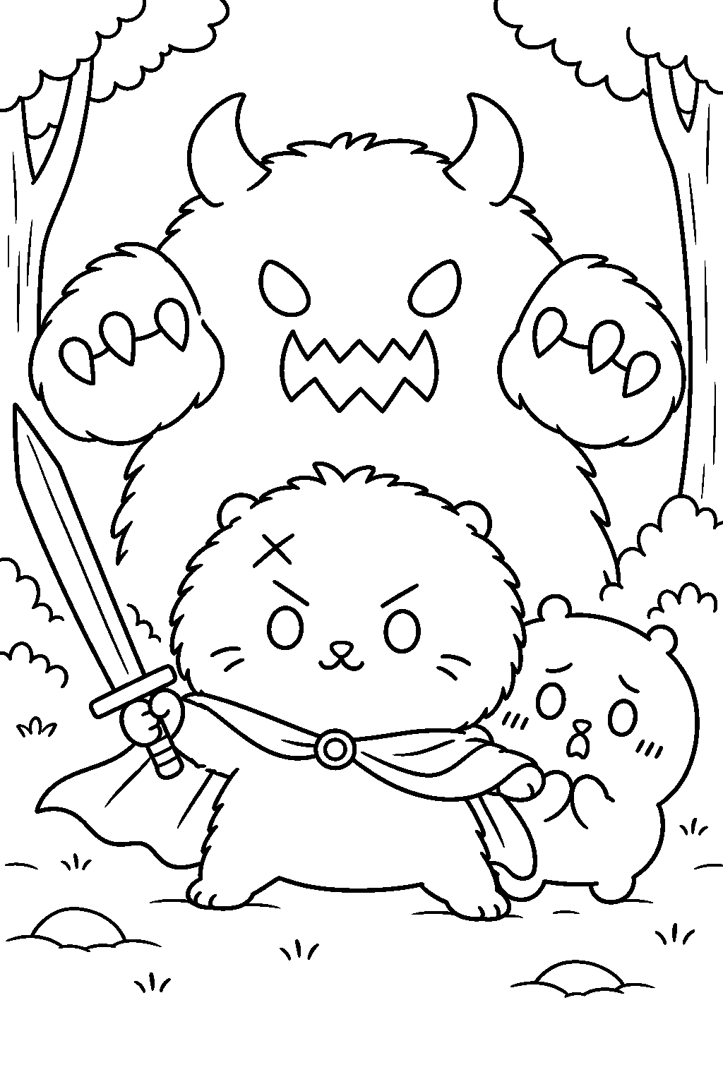 chiikawa rakko protecting chiikawa from a forest monster line art