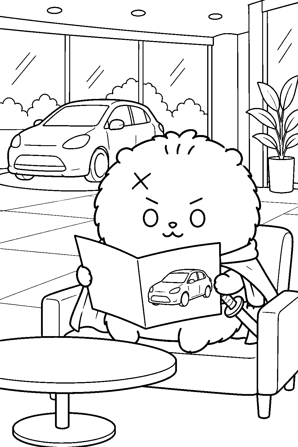 chiikawa rakko reading a new car brochure at a dealership line art
