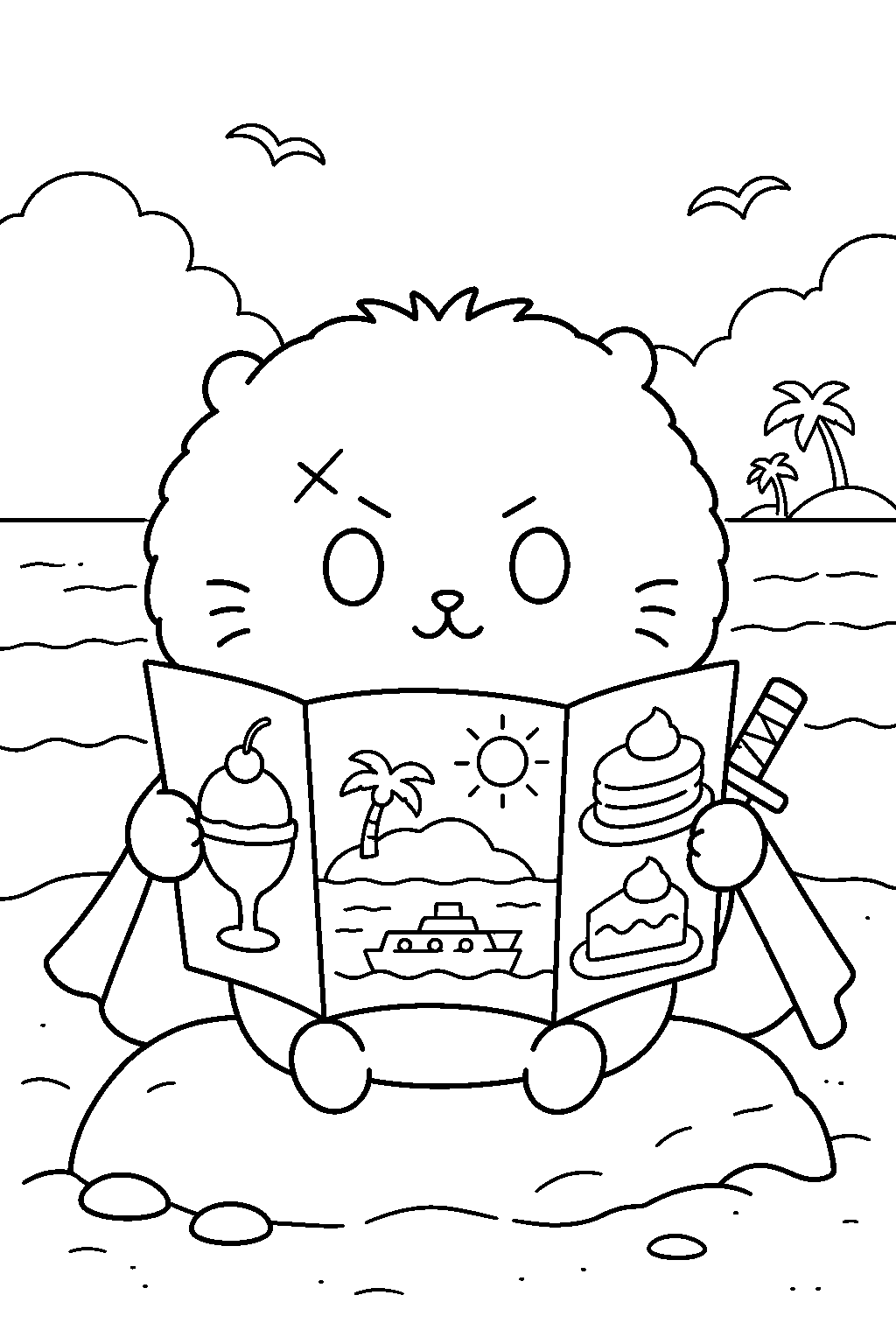 chiikawa rakko reading an island trip flyer advertising sweets line art