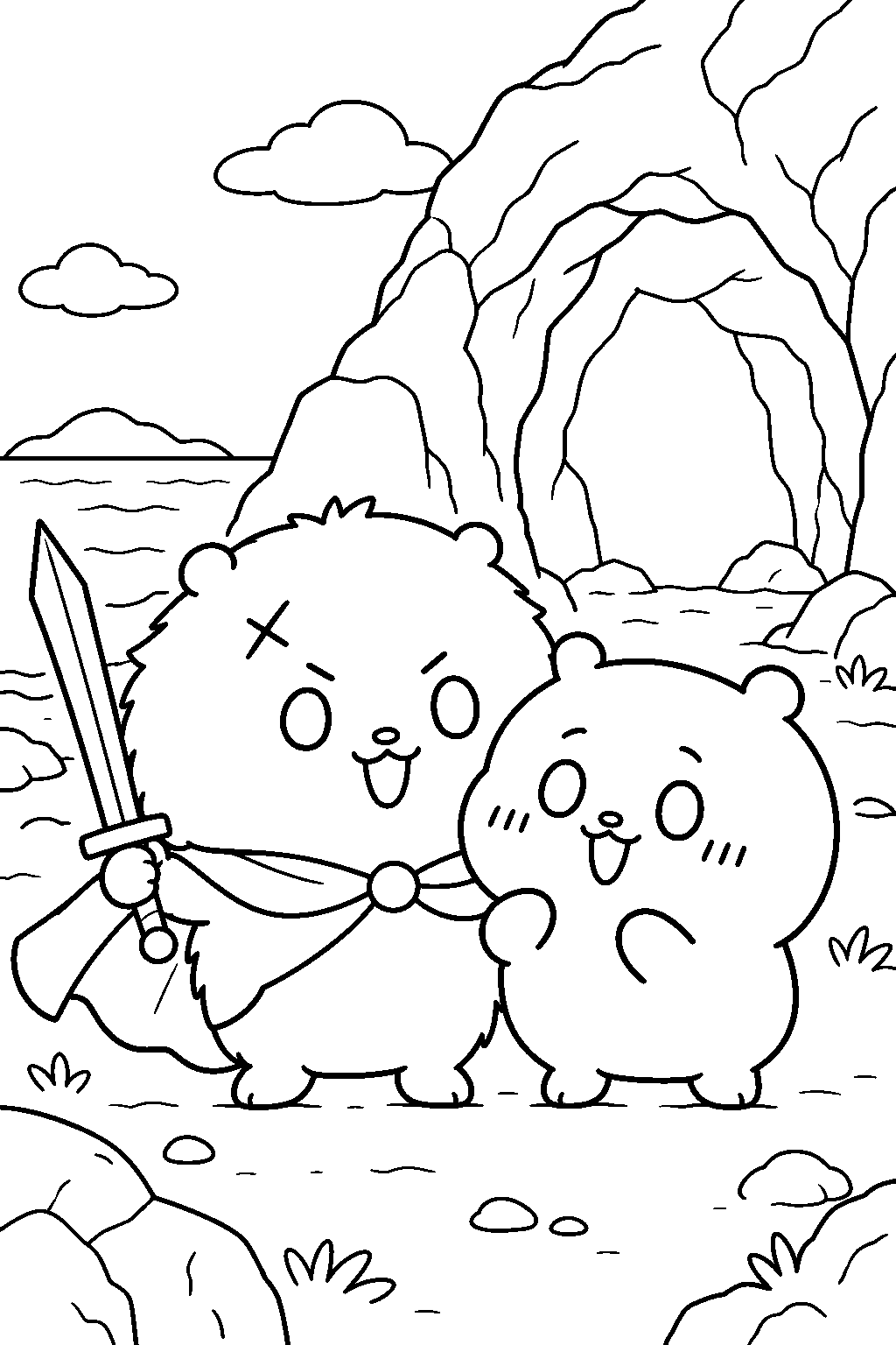 chiikawa rakko reunited with chiikawa outside an island cave line art