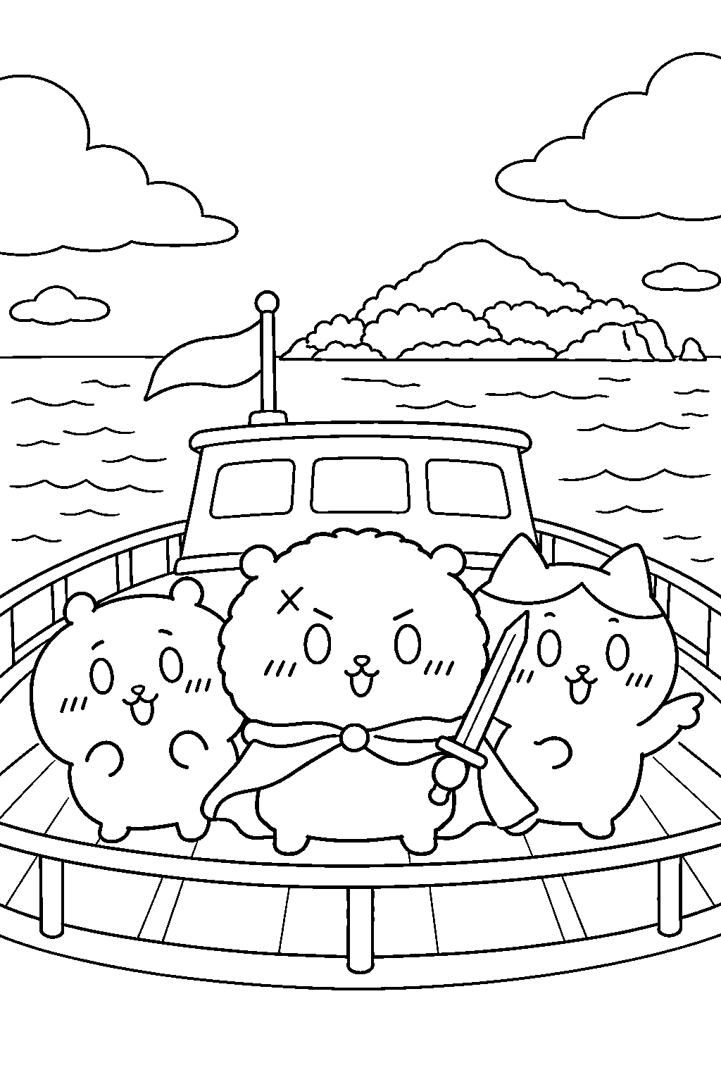 chiikawa rakko sailing toward an island with chiikawa and hachiware line art