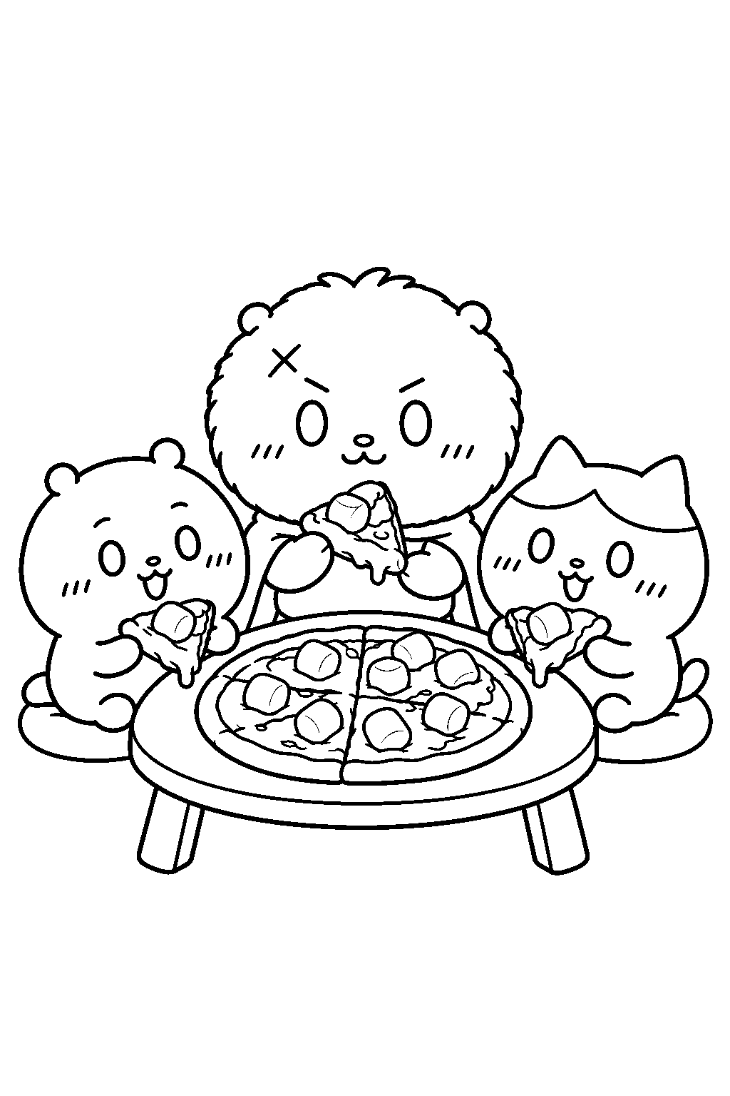 chiikawa rakko sharing marshmallow pizza with chiikawa and hachiware line art