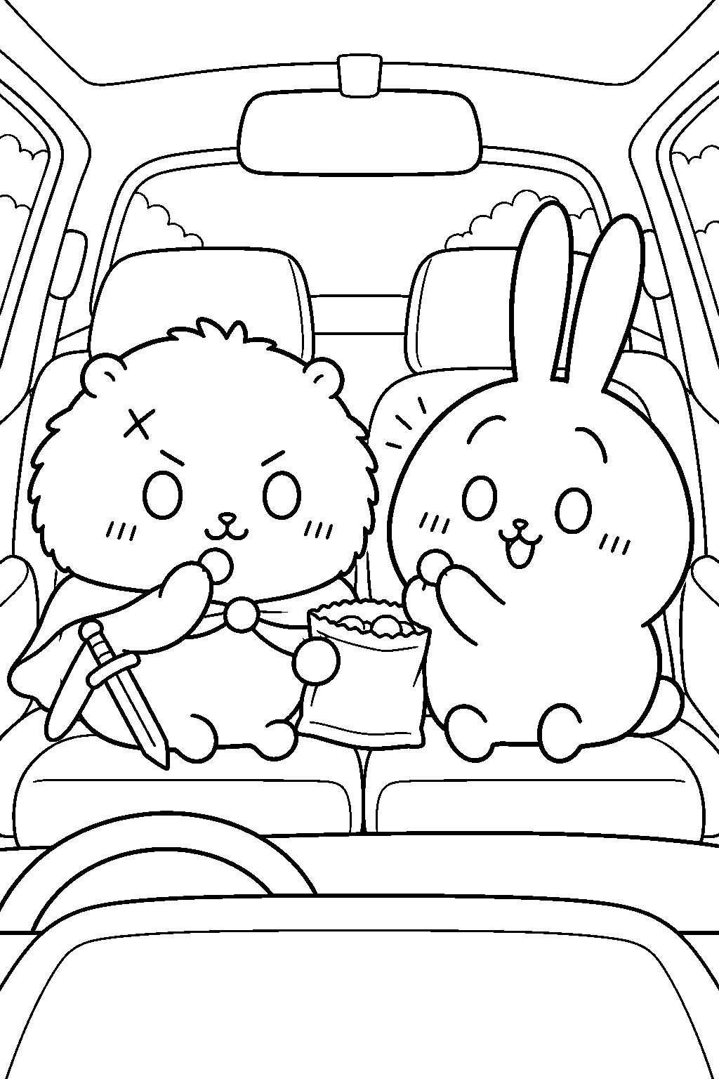 chiikawa rakko sharing sour candy with usagi inside a parked car line art