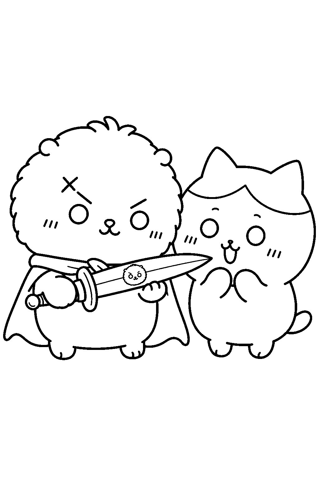chiikawa rakko showing the sword emblem to hachiware line art