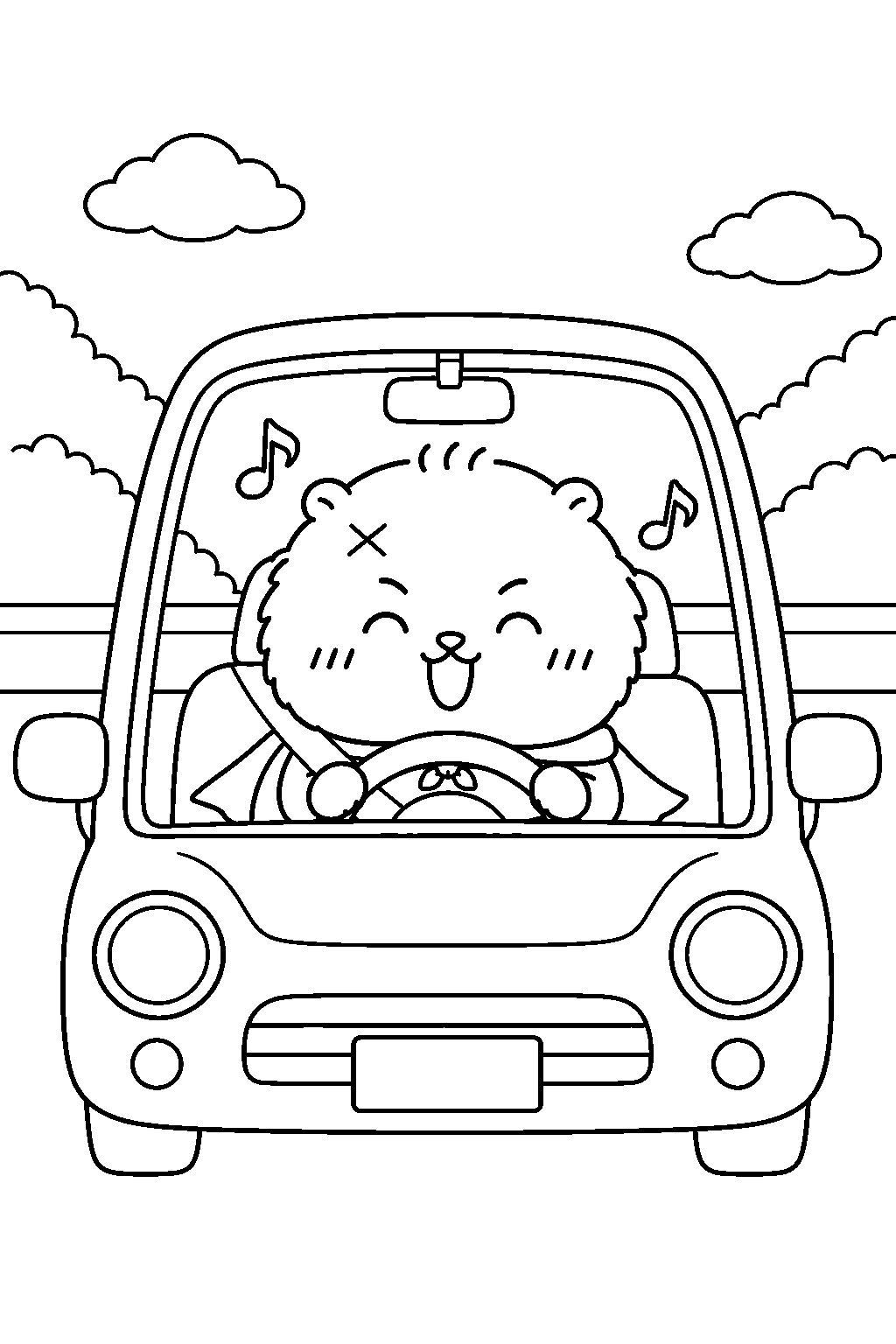 chiikawa rakko singing behind the wheel of a parked car line art