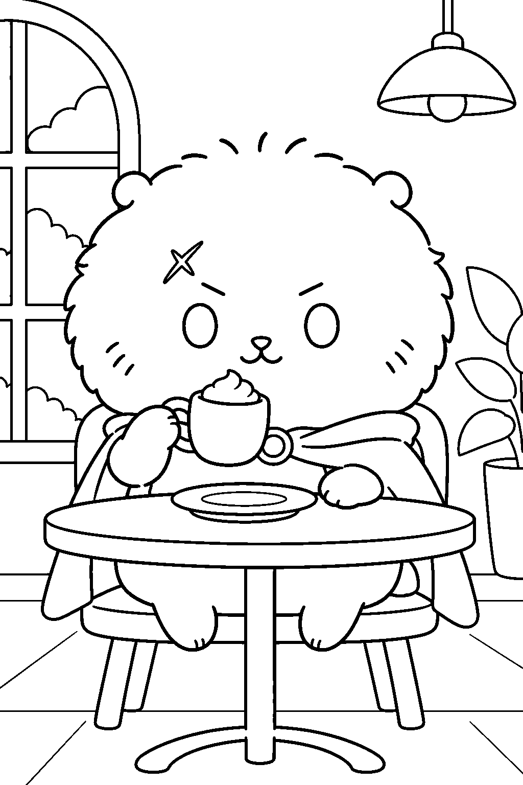 chiikawa rakko sipping coffee with whipped cream at a cafe line art