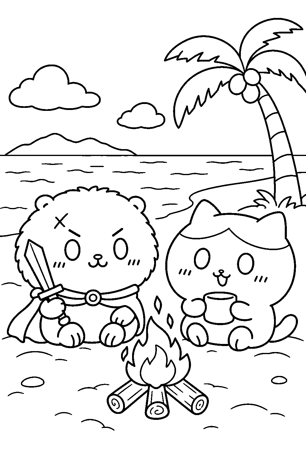 chiikawa rakko sitting beside an island campfire with hachiware line art