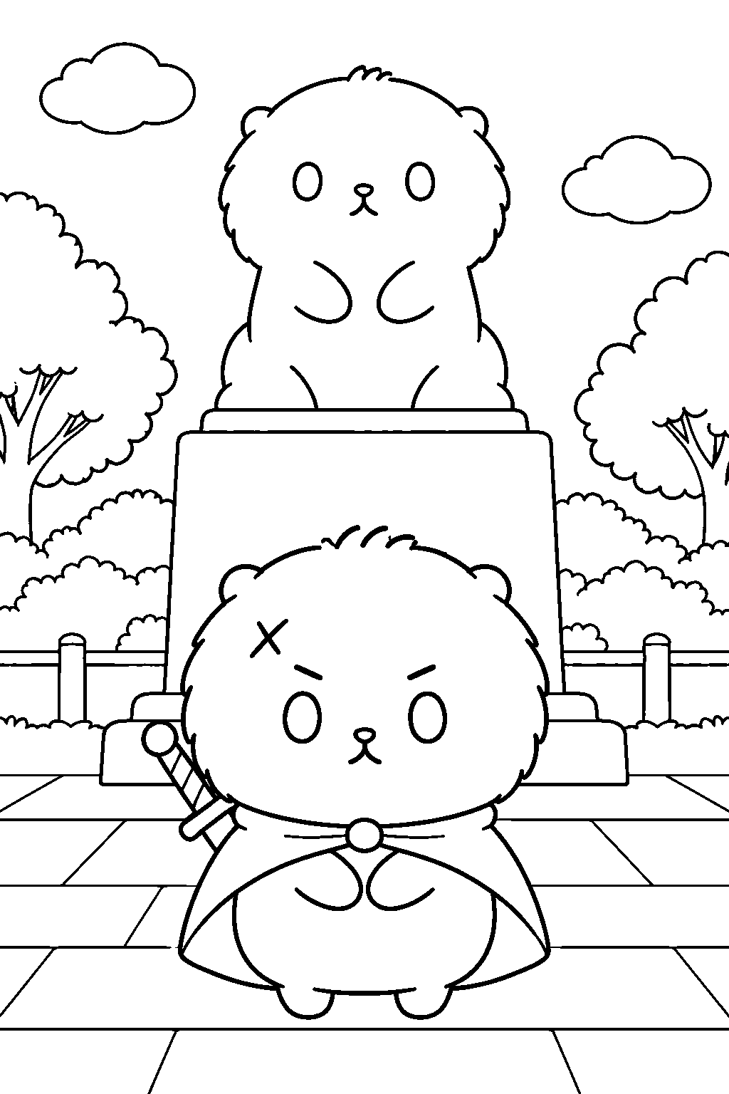 chiikawa rakko standing before the memorial park statue line art