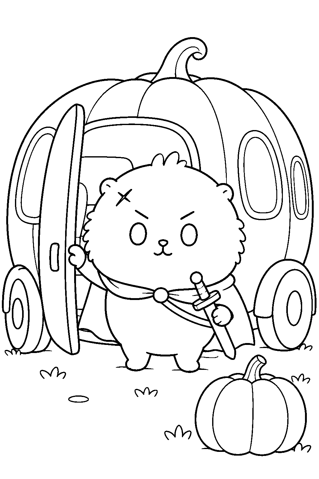 chiikawa rakko stepping out of a pumpkin car on halloween line art