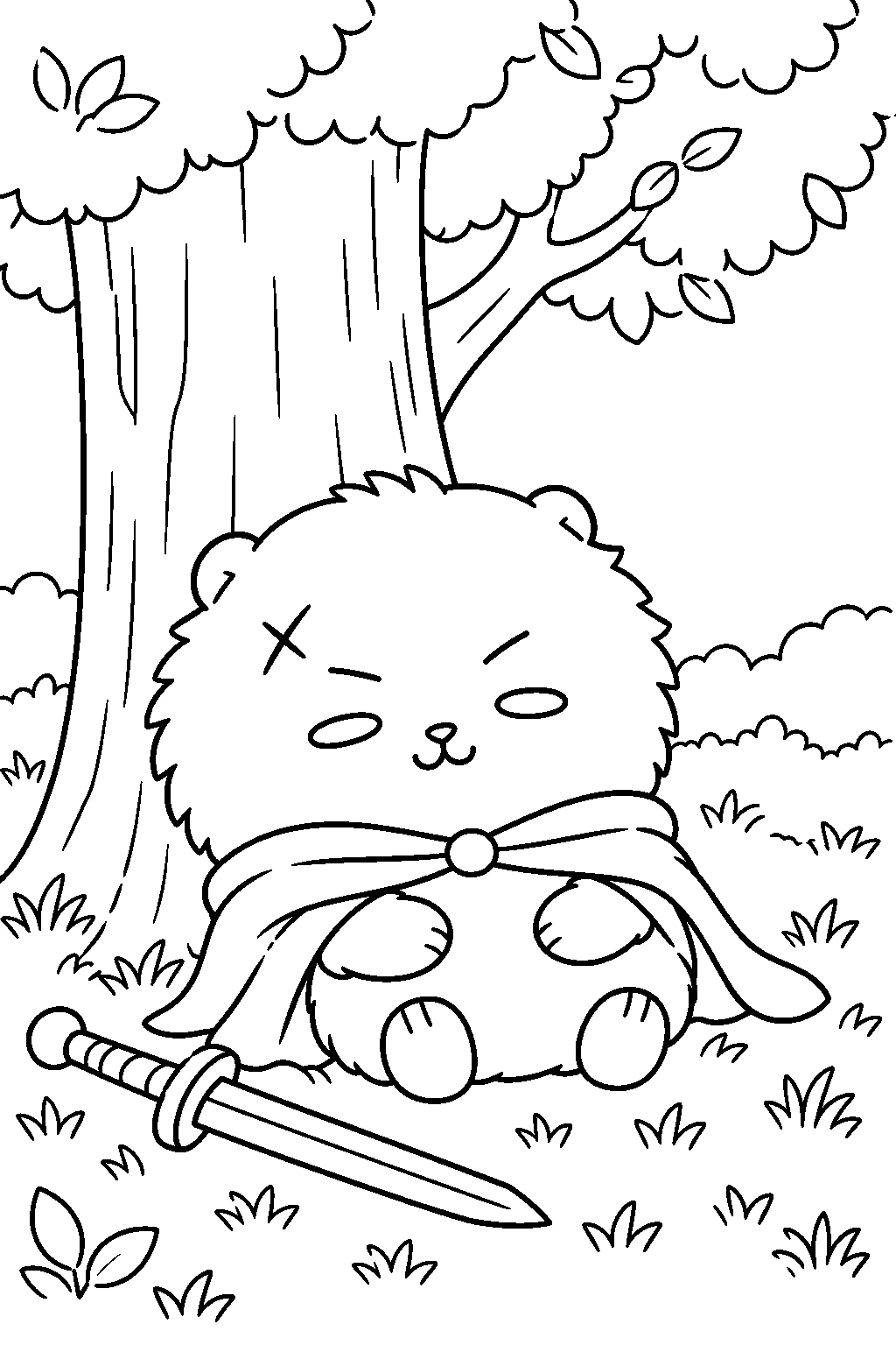 chiikawa rakko taking a nap beneath a tree after hunting line art