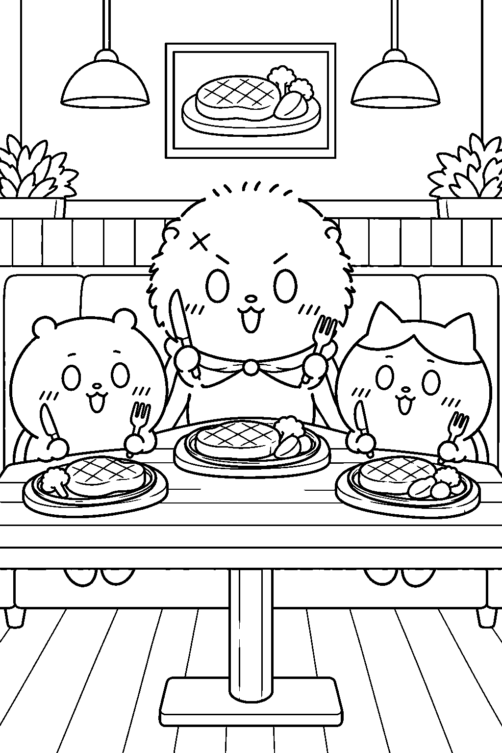 chiikawa rakko taking chiikawa and hachiware to a steak restaurant line art