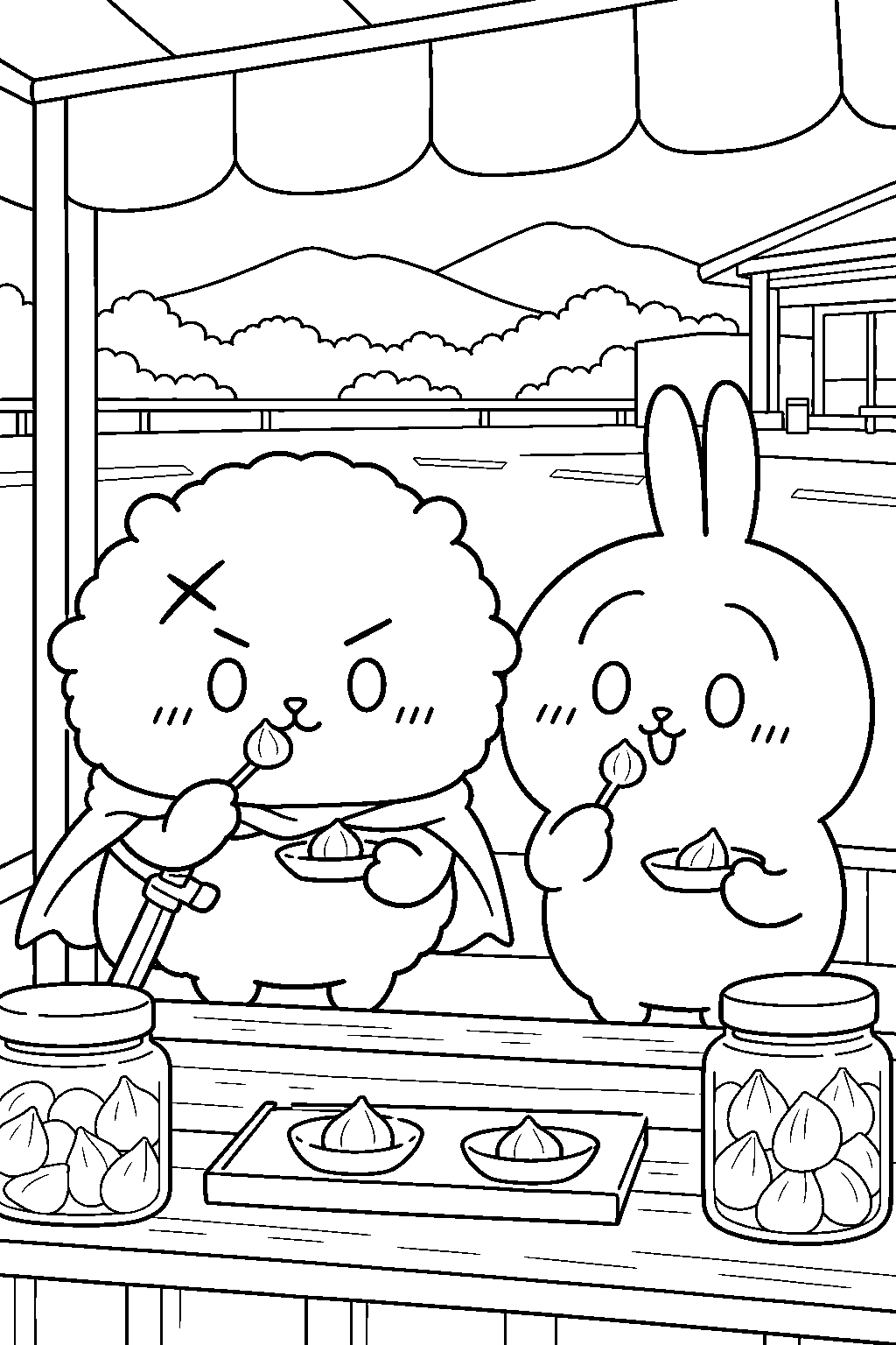 chiikawa rakko tasting pickled onion samples with usagi at a rest stop line art