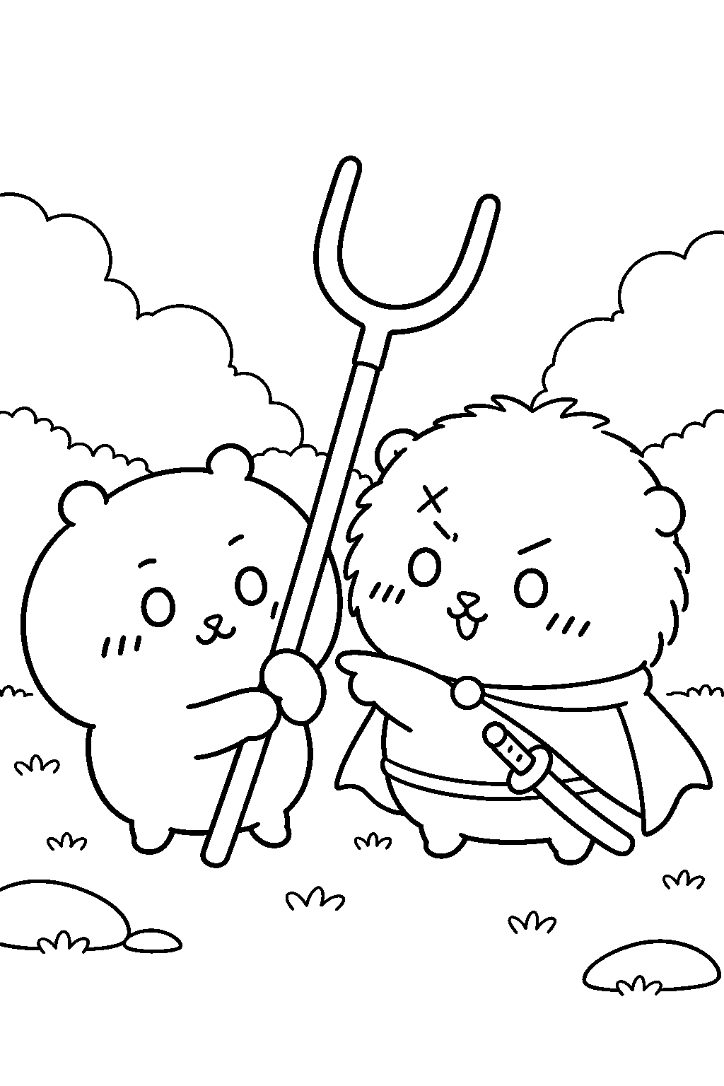 chiikawa rakko teaching chiikawa how to hold a sasumata line art