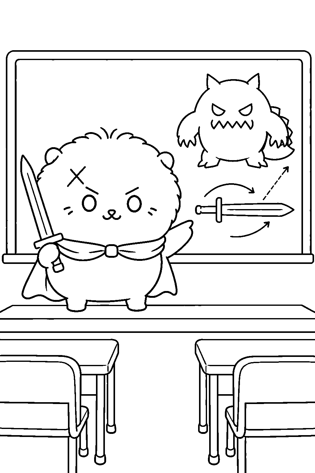 chiikawa rakko teaching monster hunting at a classroom chalkboard line art