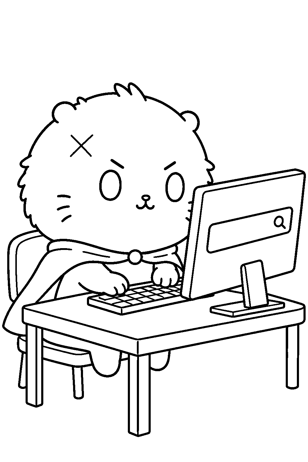 chiikawa rakko typing a search at a public computer line art