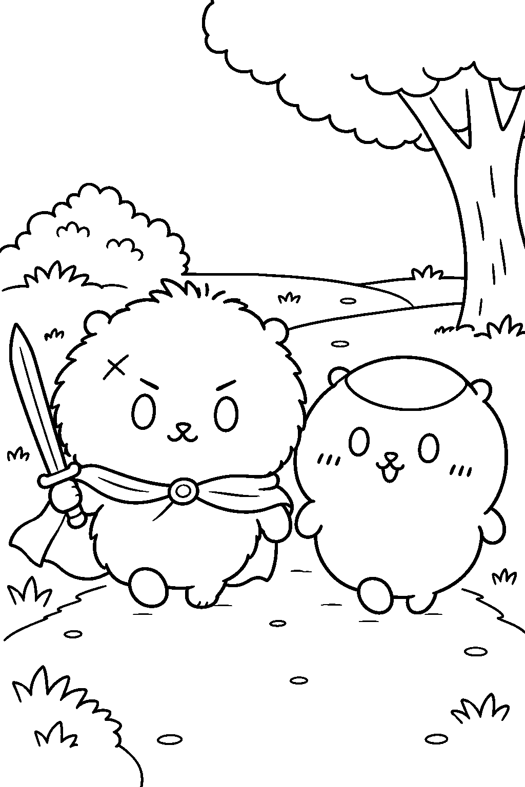 chiikawa rakko walking with kurimanju along a park path line art