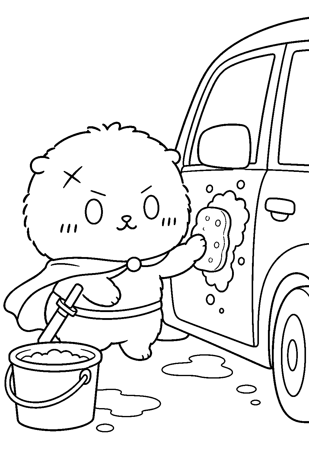 chiikawa rakko washing a car with a sponge and bucket line art