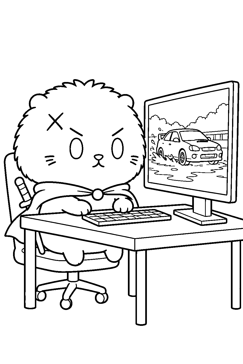 chiikawa rakko watching car videos on a desktop computer line art