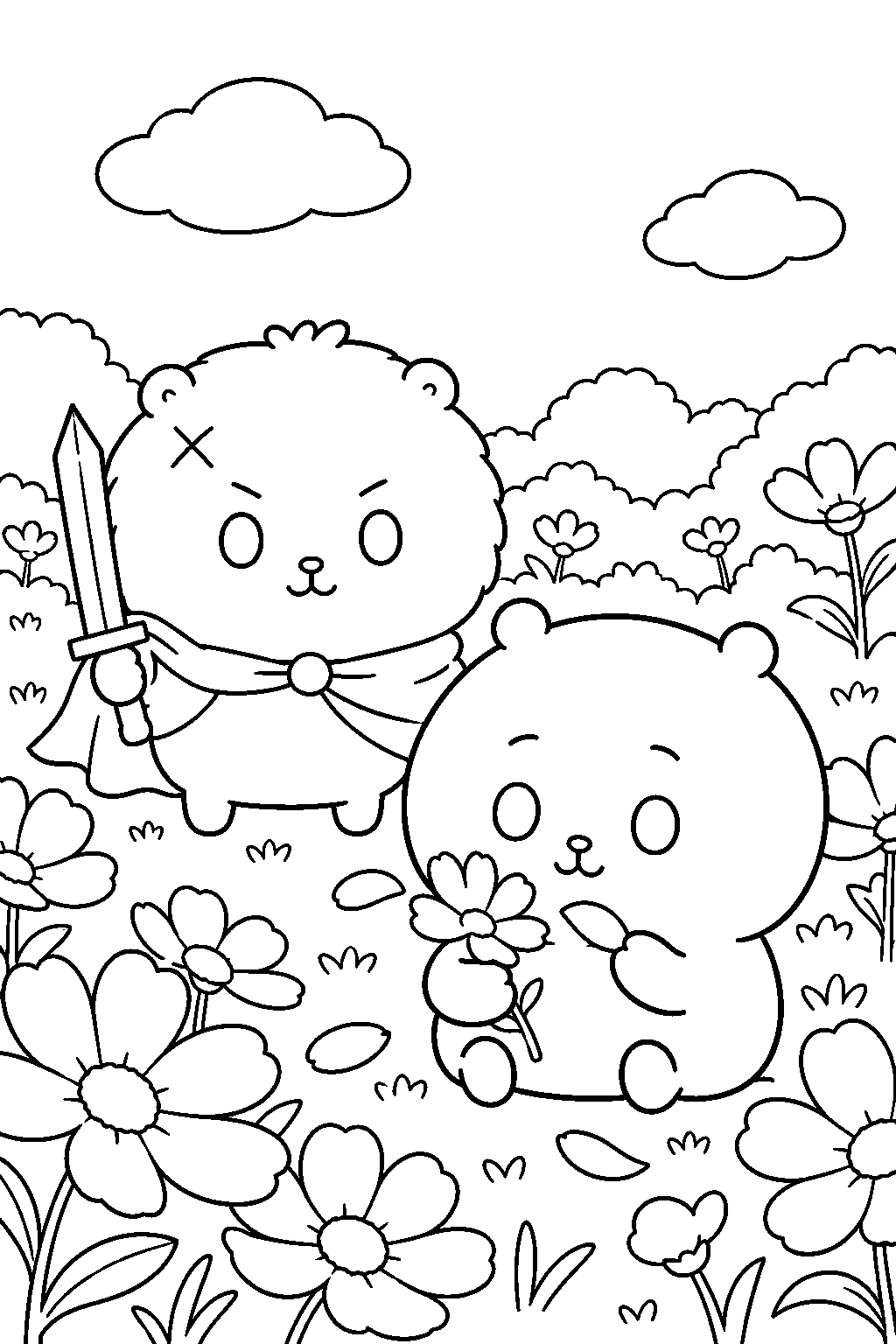 chiikawa rakko watching chiikawa pluck a flower in a blossom field line art