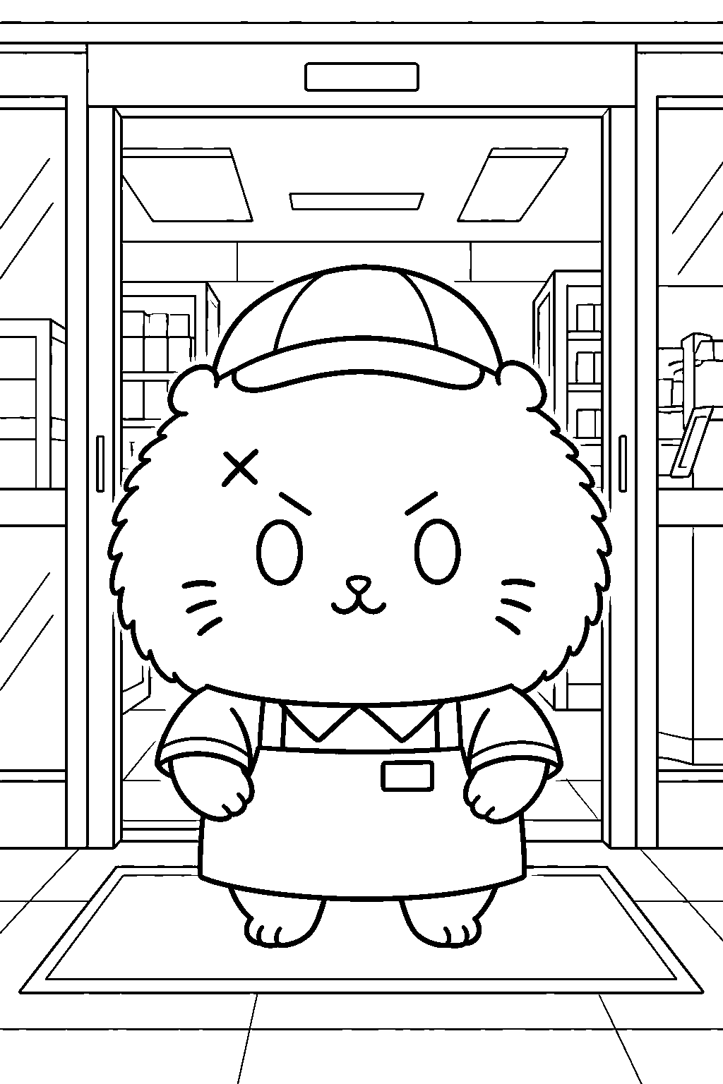 chiikawa rakko wearing a convenience store uniform at the entrance line art