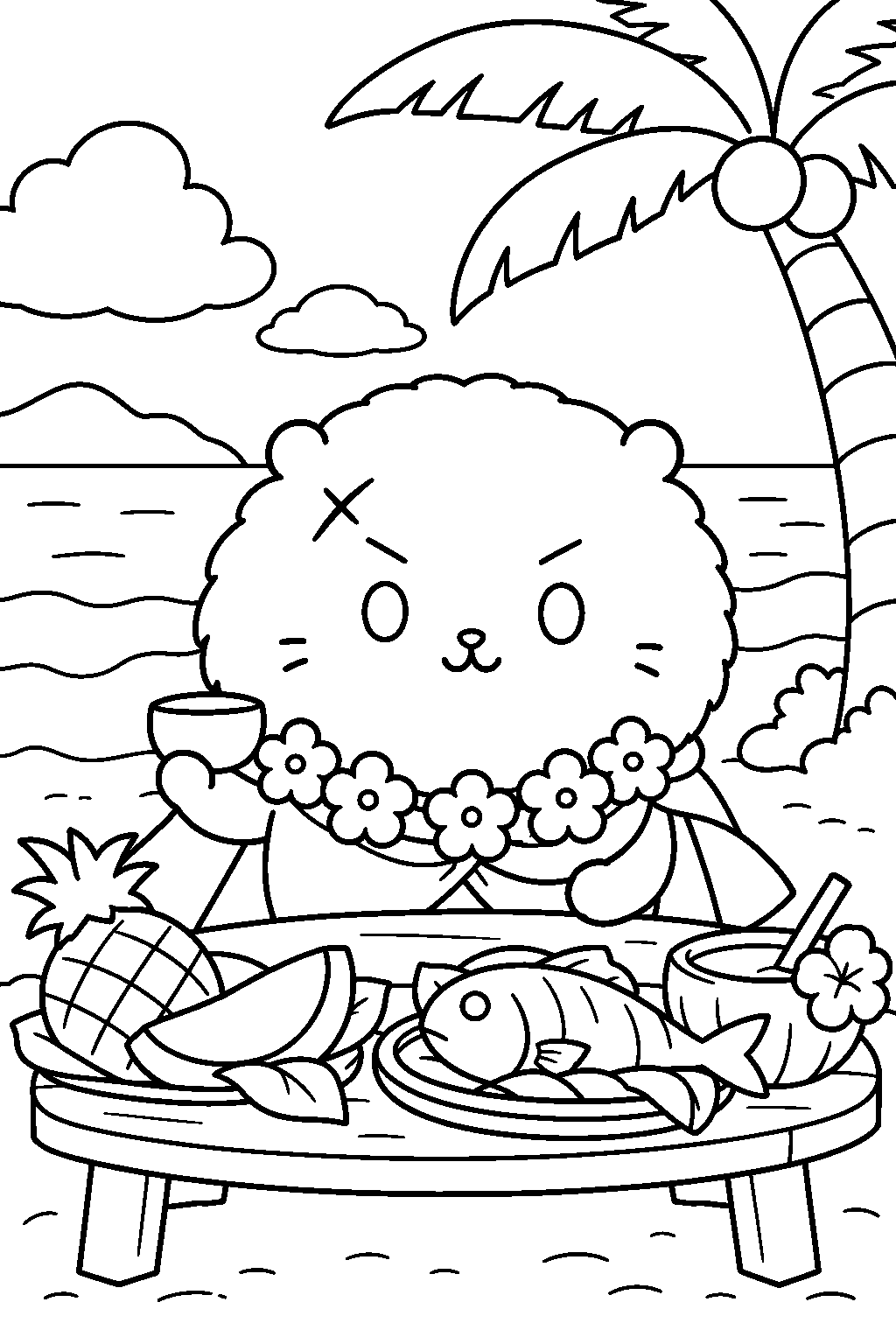 chiikawa rakko wearing a flower garland at an island welcome feast line art