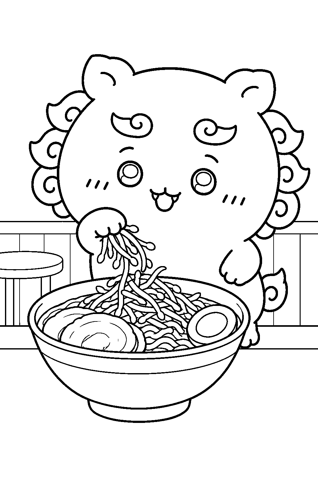 chiikawa shisa adding bean sprouts to a ramen bowl line art