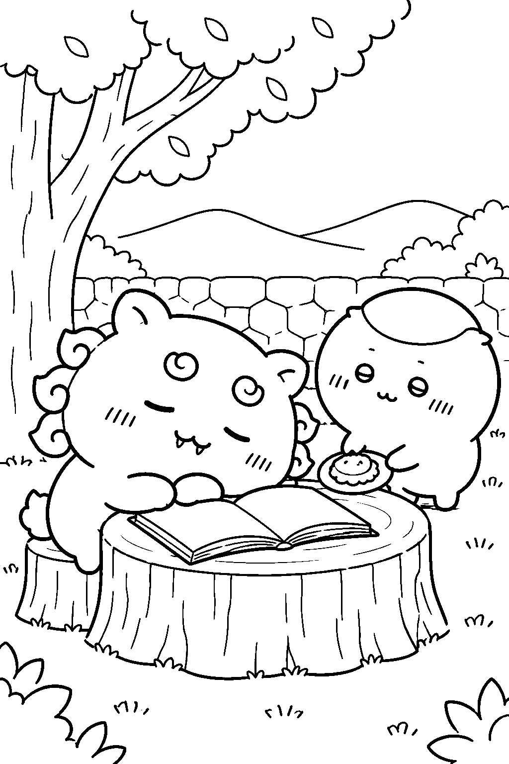 chiikawa shisa asleep over a textbook while kurimanju leaves a snack line art