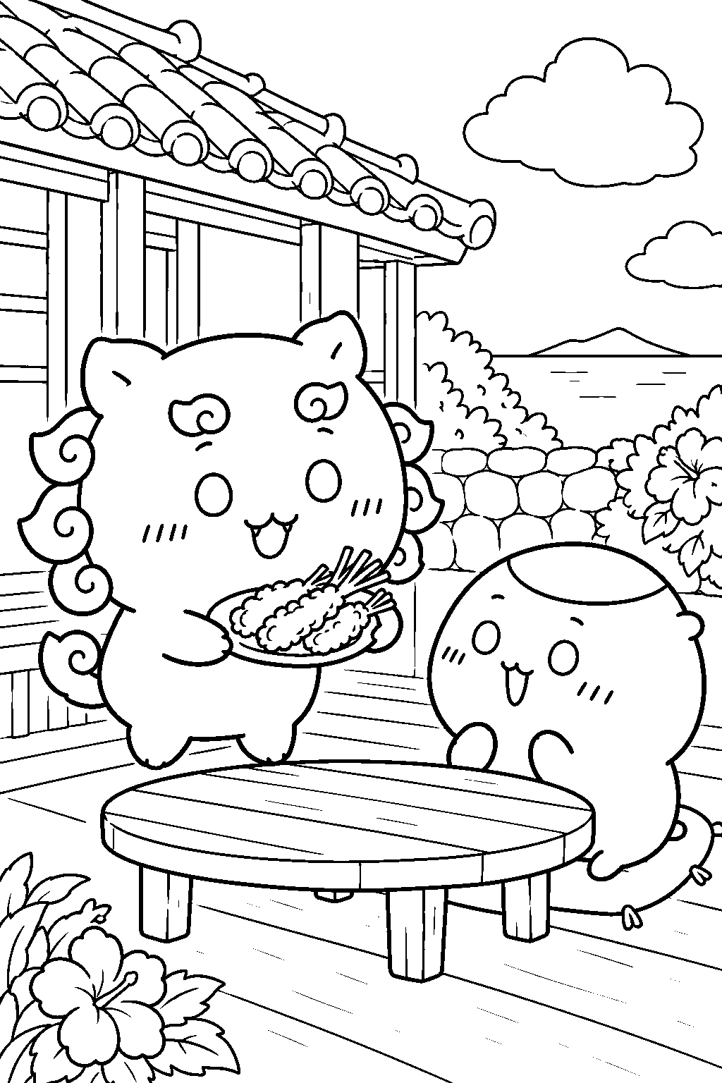 chiikawa shisa bringing island shallot tempura to kurimanju line art