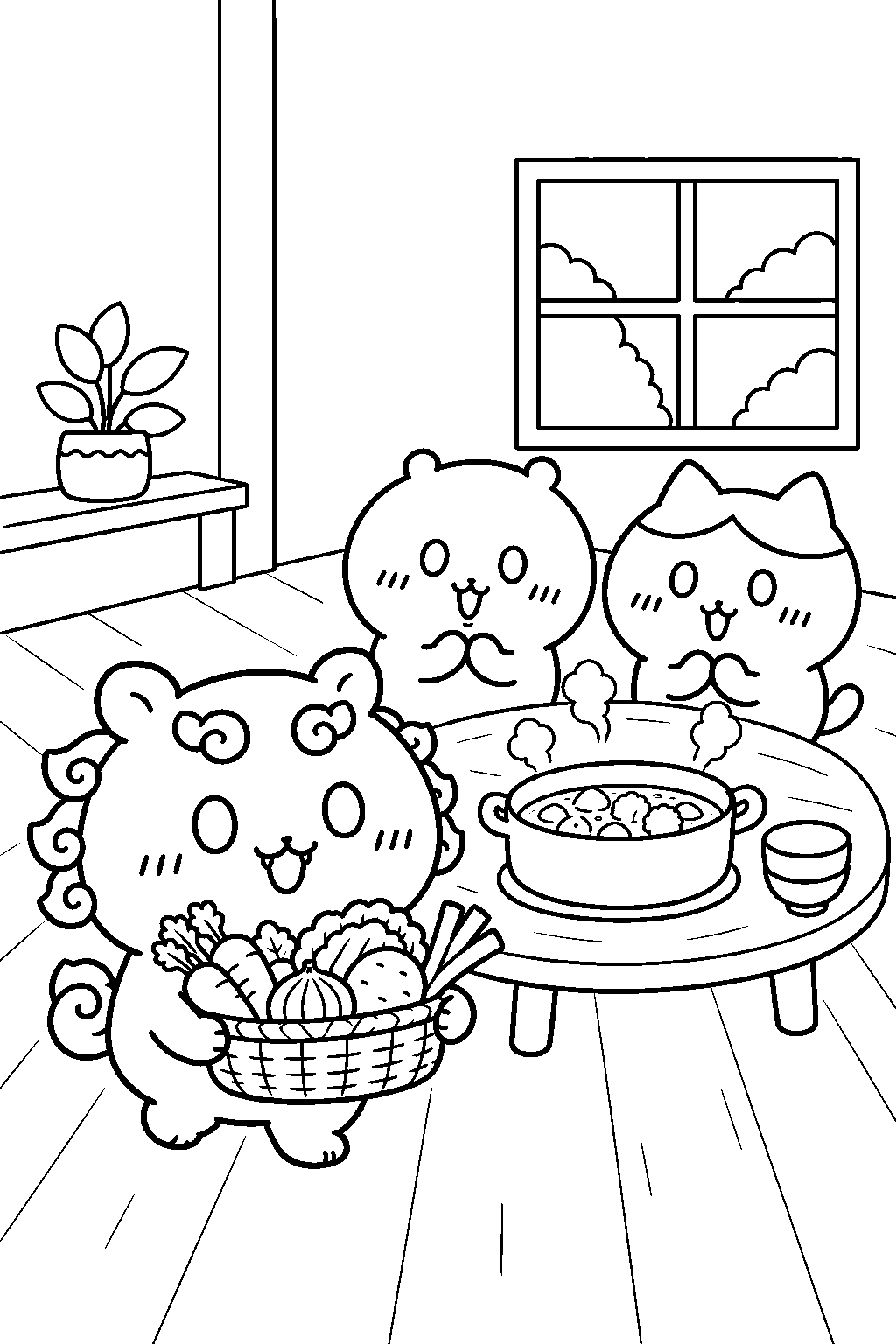 chiikawa shisa carrying vegetables for chiikawa and hachiware s soup line art