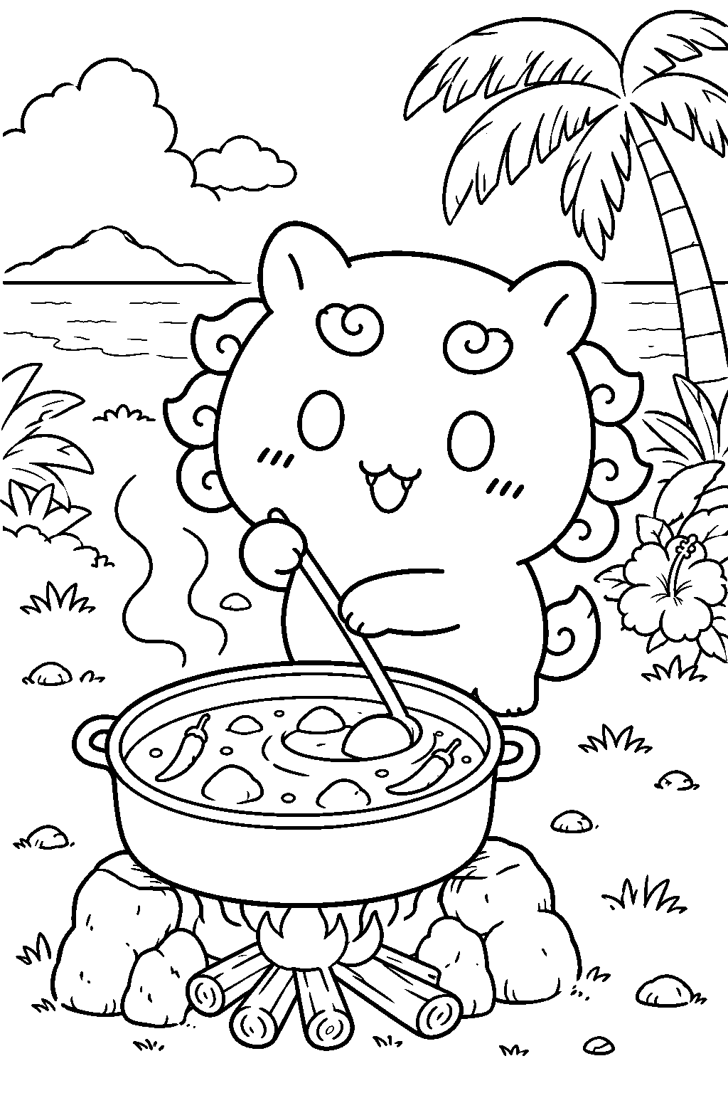 chiikawa shisa cooking extra spicy curry on the tropical island line art