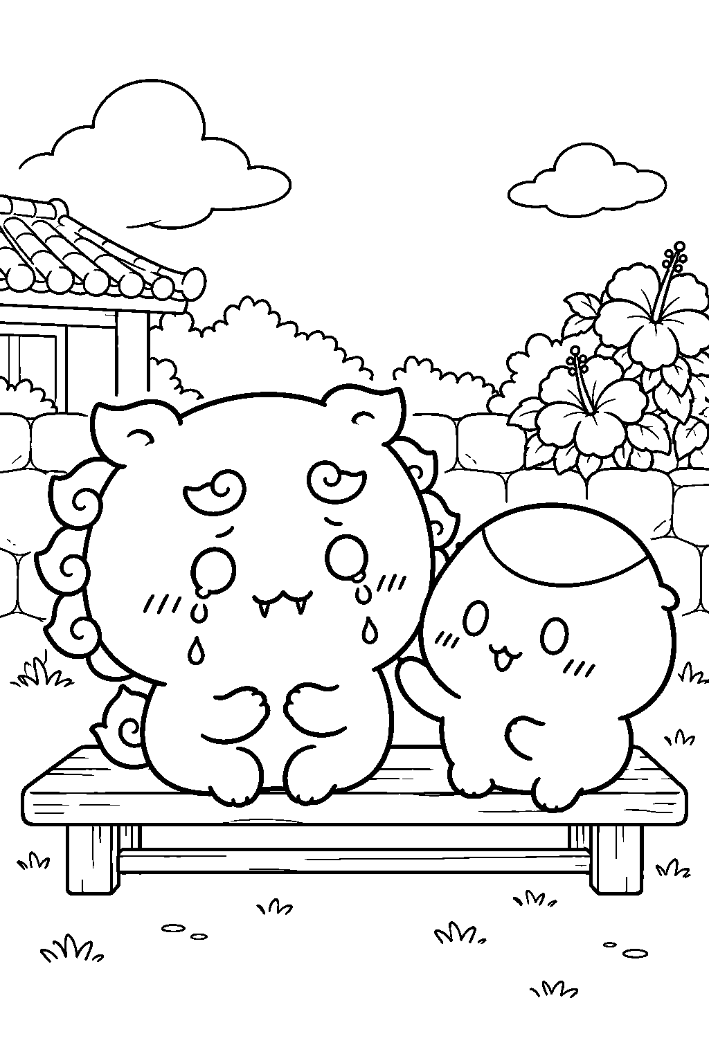 chiikawa shisa crying while kurimanju offers encouragement line art