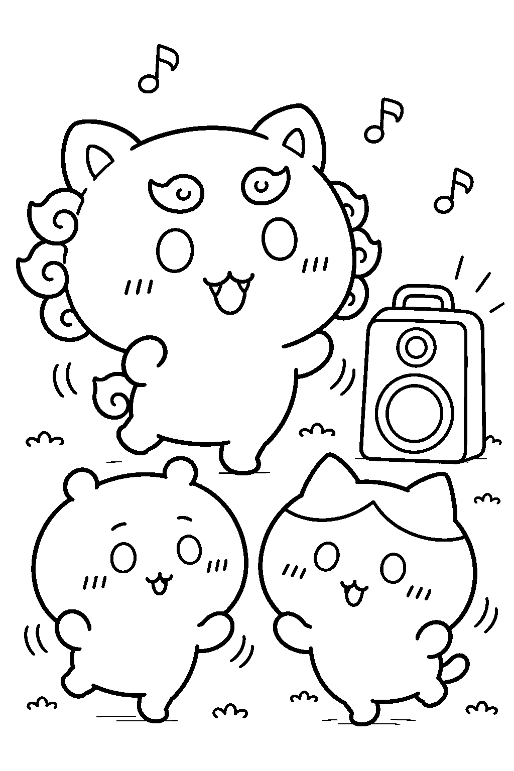 chiikawa shisa dancing with chiikawa and hachiware beside a music speaker line art