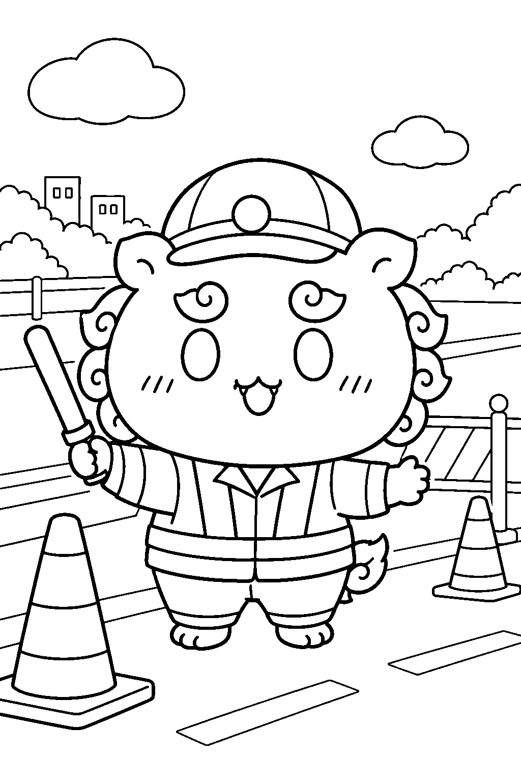 chiikawa shisa directing traffic in a work uniform line art