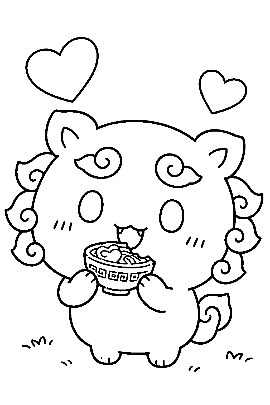 chiikawa shisa eating a chocolate shaped like a ramen bowl on valentine s day line art