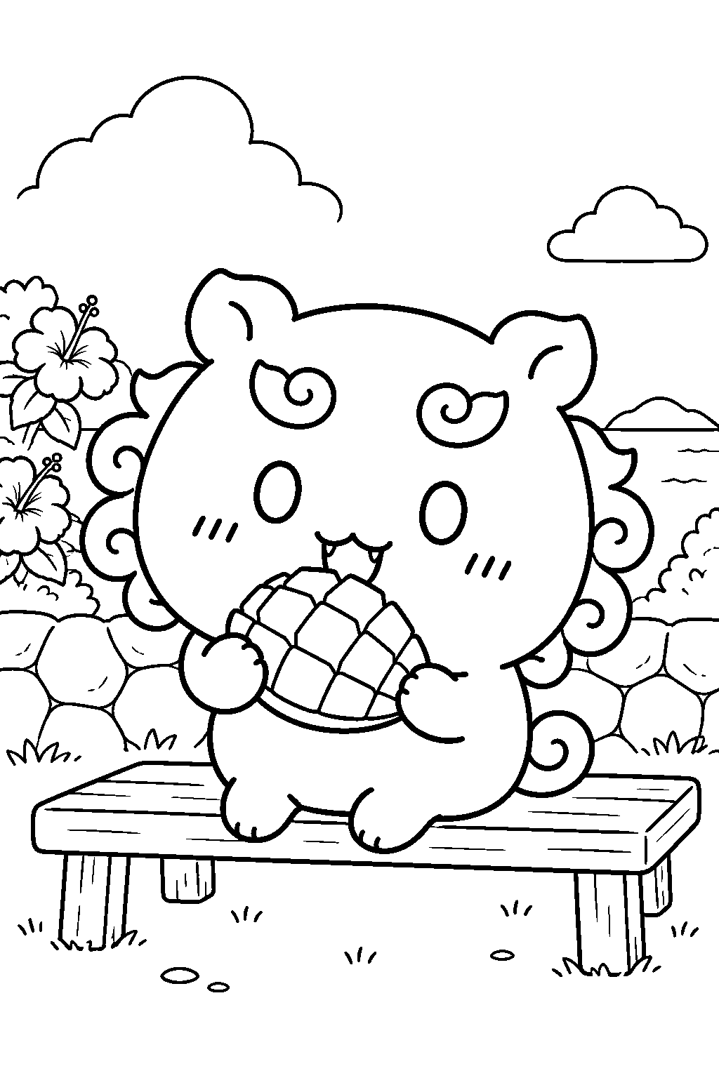 chiikawa shisa eating a mango during a work break line art