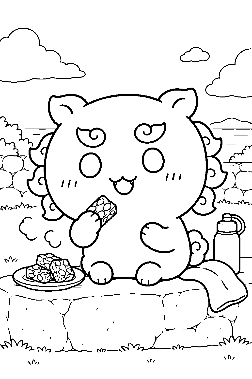 chiikawa shisa eating brown sugar peanut candy after a run line art