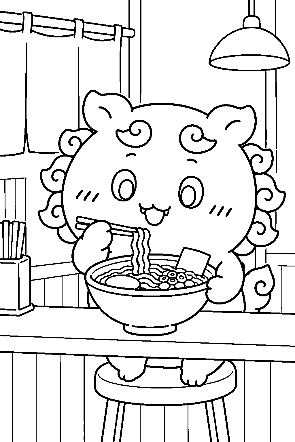 chiikawa shisa eating ramen on a day off line art