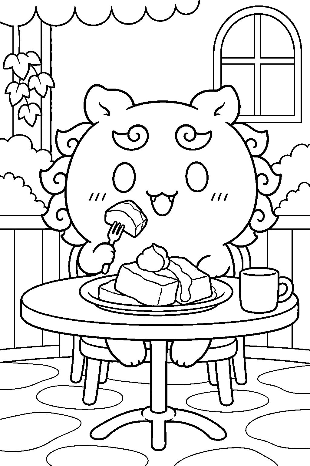 chiikawa shisa enjoying french toast at a cafe line art