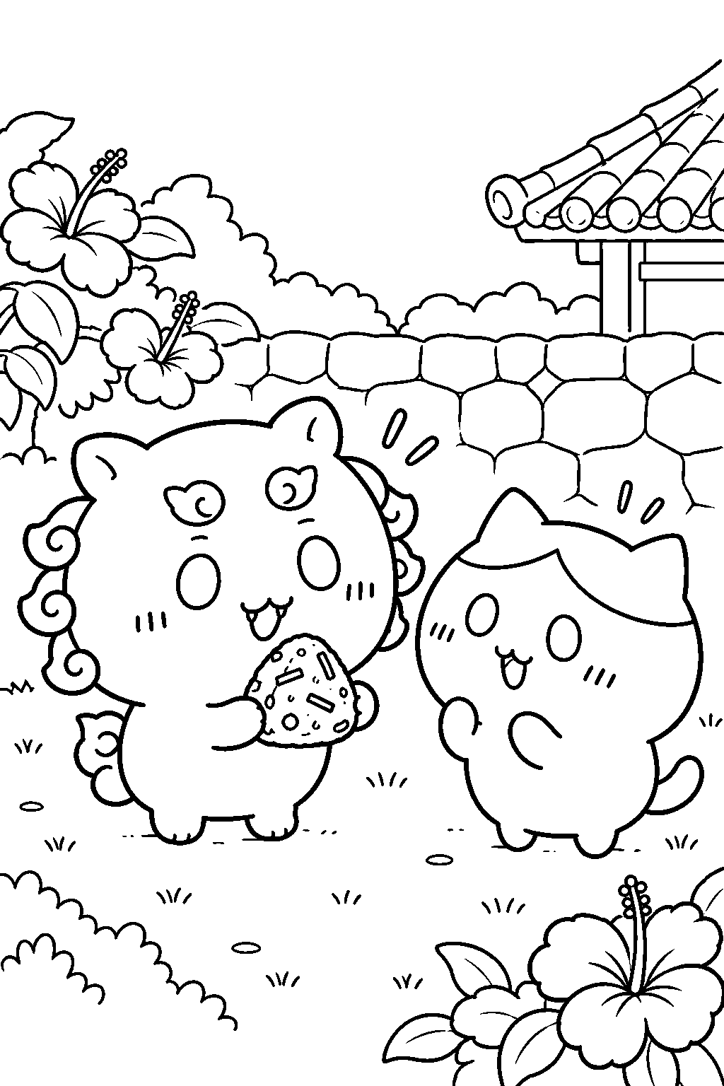 chiikawa shisa explaining jushi rice balls to hachiware line art
