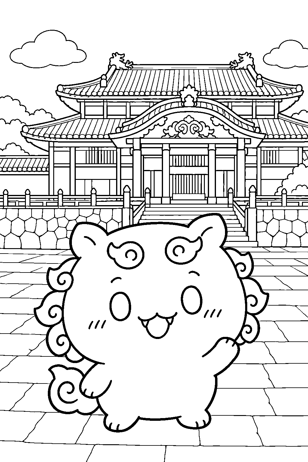 chiikawa shisa exploring shuri castle in okinawa line art
