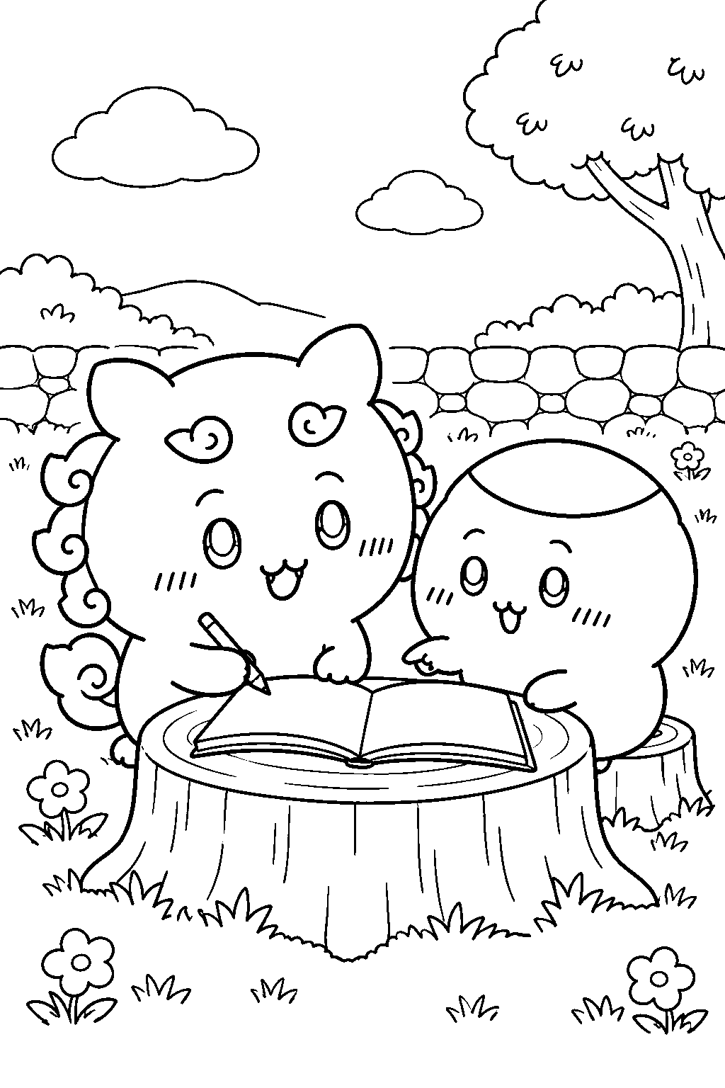 chiikawa shisa getting study help from kurimanju line art