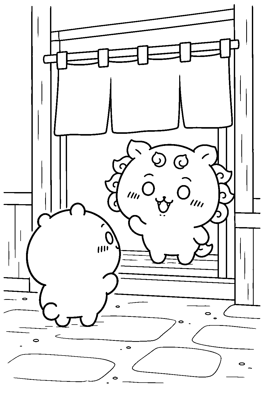 chiikawa shisa greeting chiikawa at the ramen shop entrance line art