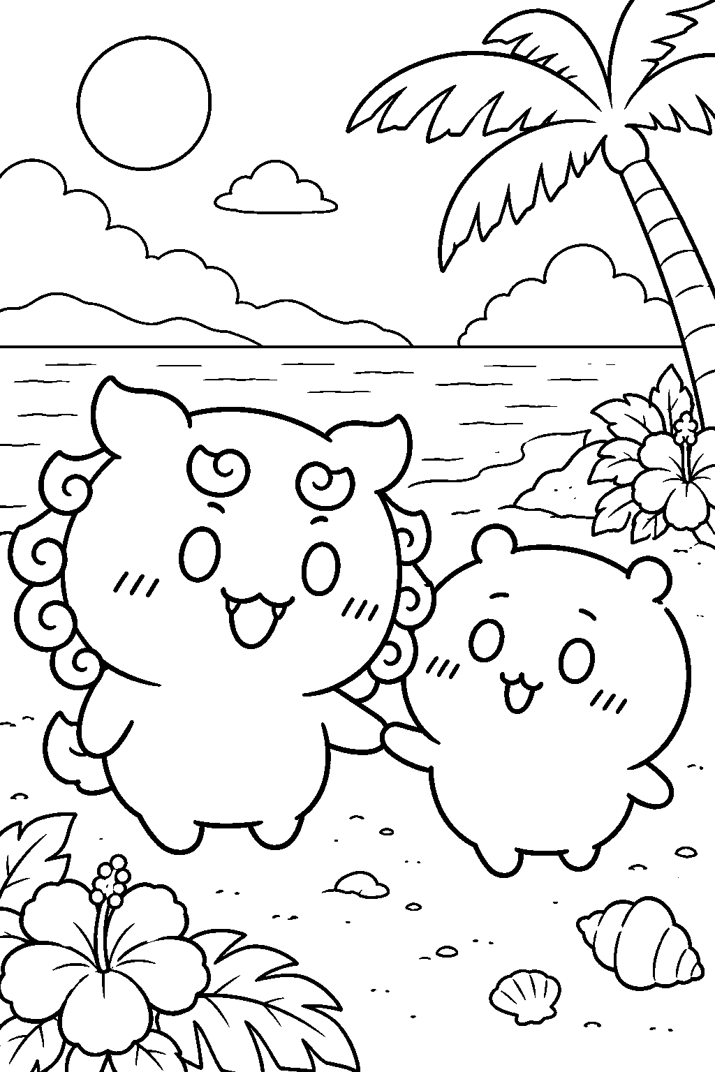 chiikawa shisa holding paws with chiikawa on the tropical island line art