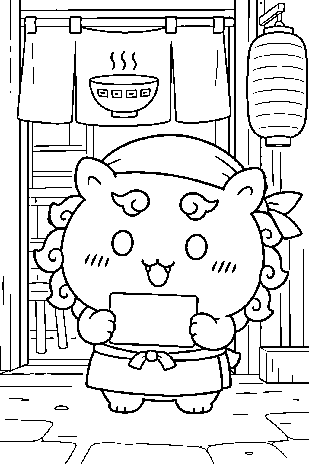 chiikawa shisa holding the super part time worker certificate outside the rou ramen shop line art