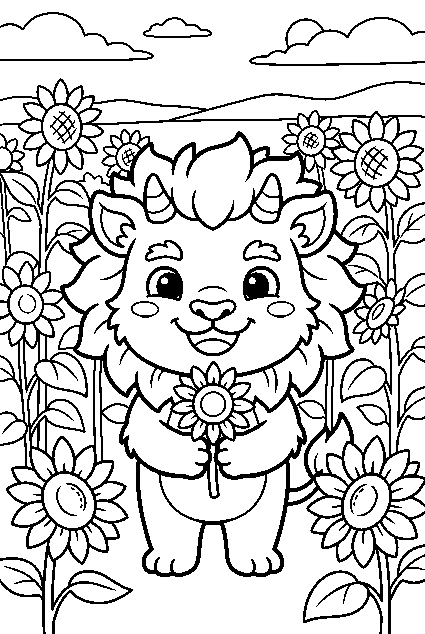 chiikawa shisa in sunflower field line art